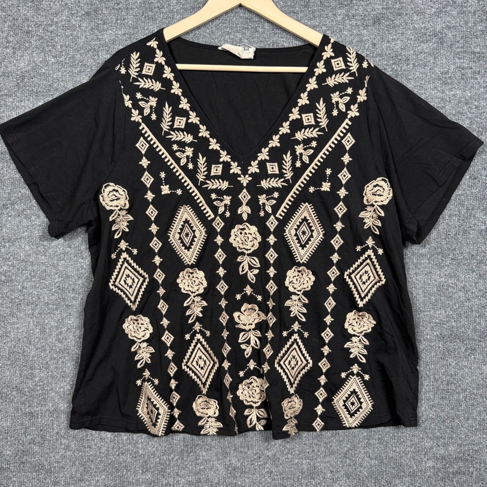 Savanna Jane Plus Size 2X Top Blouse Black Boho Embroidered V Neck Cotton Blend